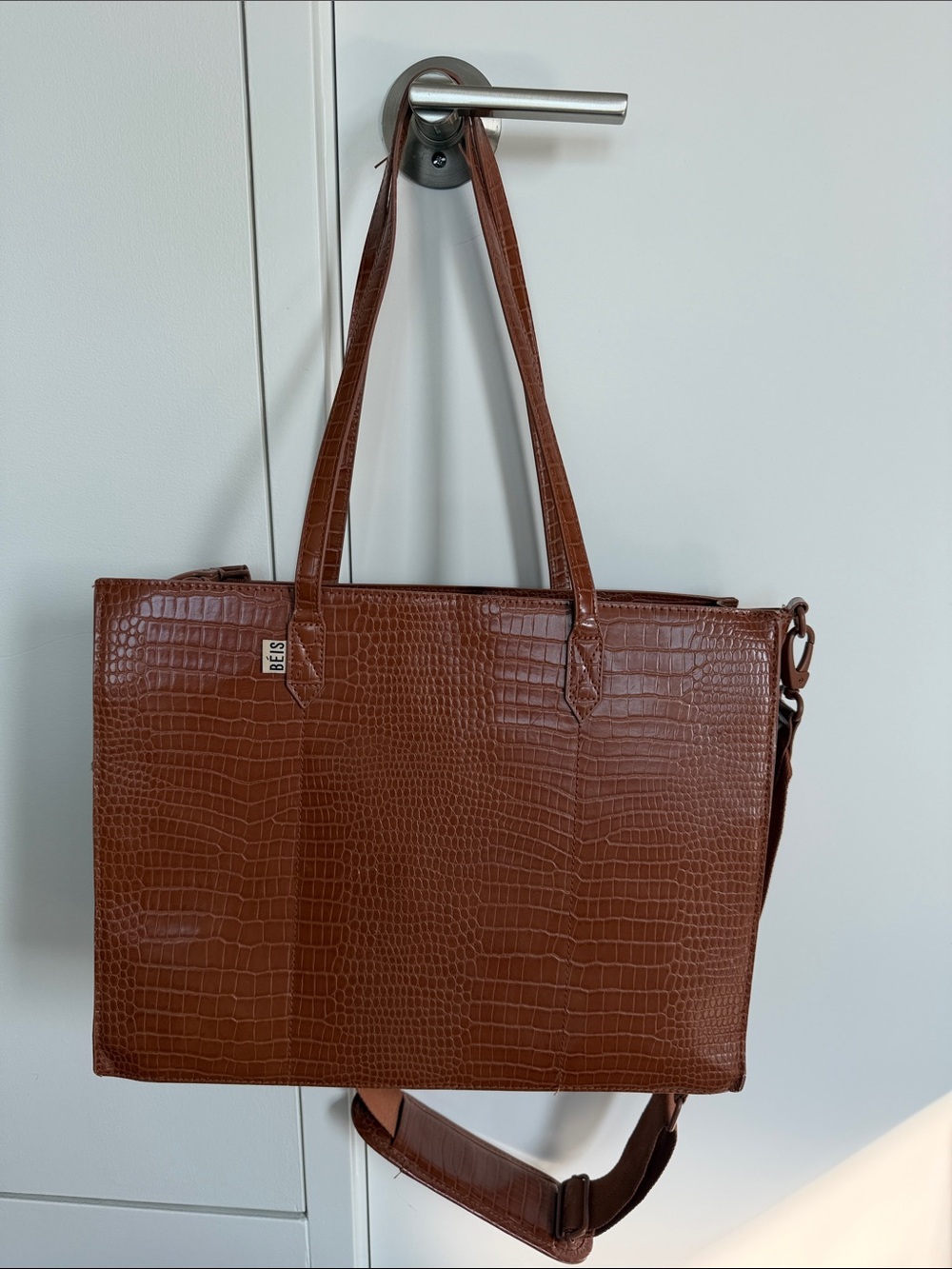BEIS Croc-Embossed Chestnut Laptop Tote, Vegan leather